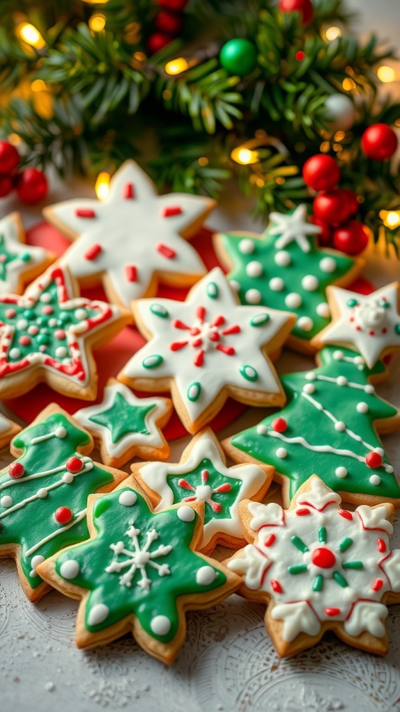 Festive Christmas Cookies Recipe A variety of decorated Christmas cookies in festive shapes on a holiday-themed table.